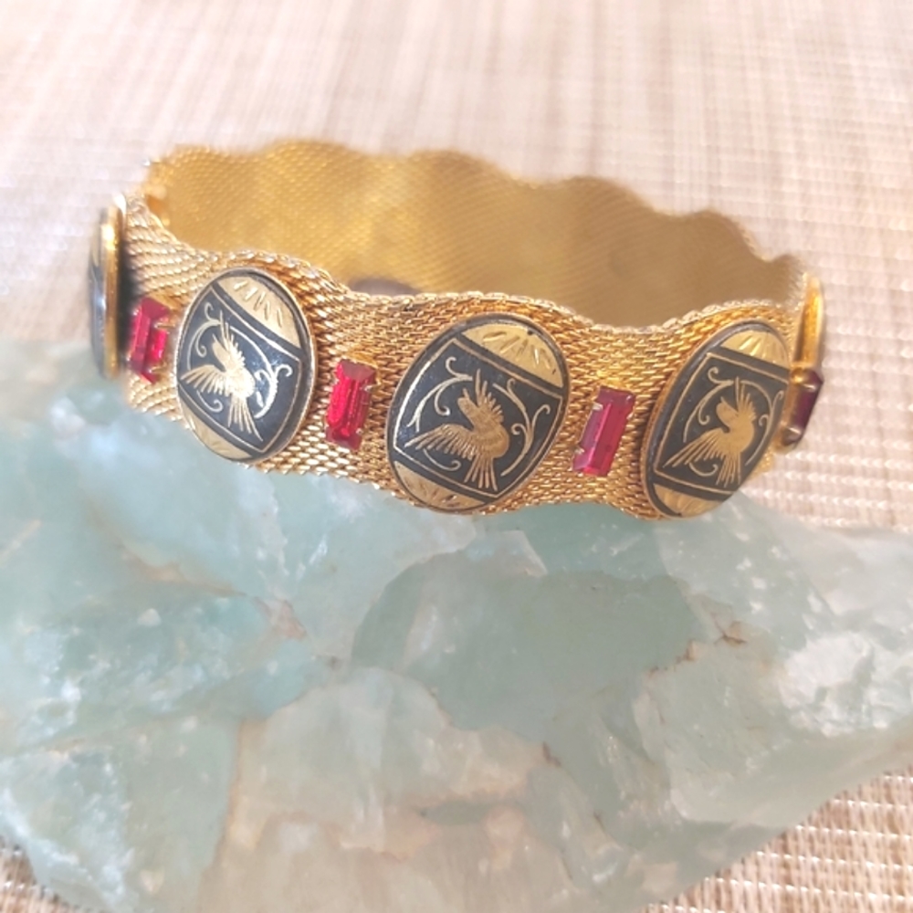 Vintage Radi Spain Enamel Mesh Bracelet – Cranes & Red Stones